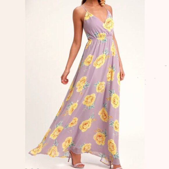 Lulus Kind & Loving Lavender Lined Chiffon  Floral Almost Backless Maxi SzM - Picture 3 of 9